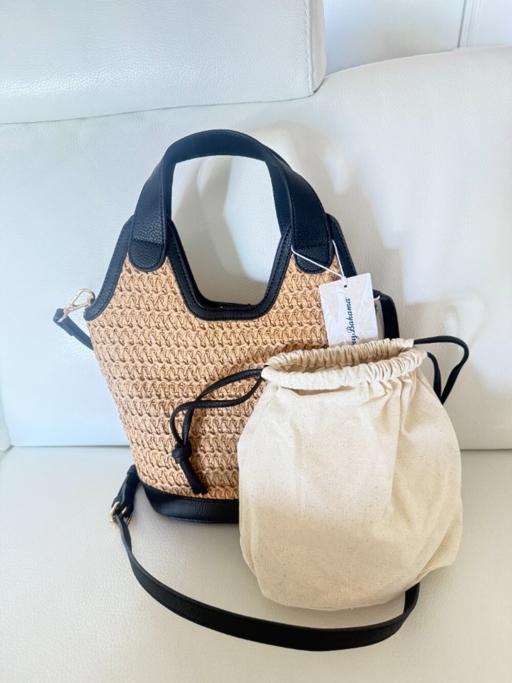 NWT TOMMY BAHAMA STRAW BUCKET BAG CROSSBODY W INNER POUCH NATURAL BLACK - Picture 5 of 6